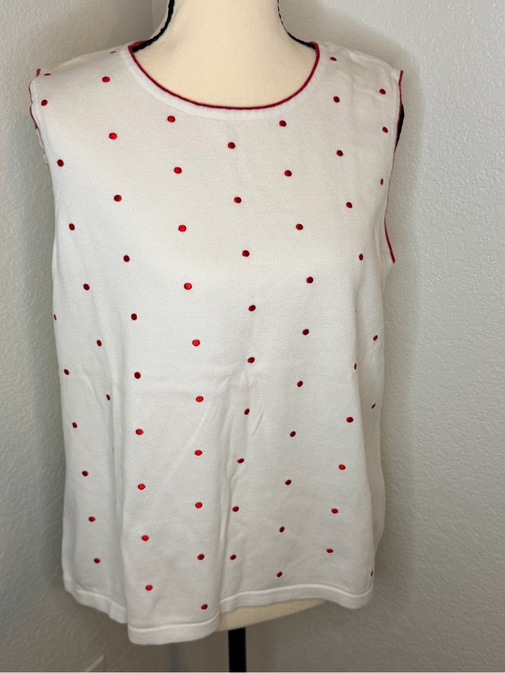 White Sleeveless Top with Red Polka Dots